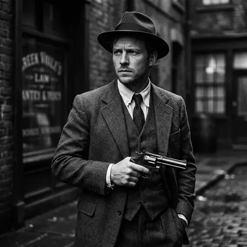 Vintage 1930s-inspired Black and White Portrait with Guy Holding Classic Gun
