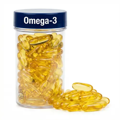 Omega-3 Health Supplement Capsules in Clear Container