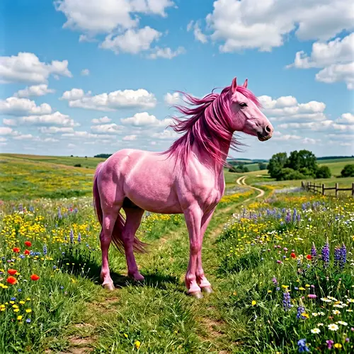 Unique Two-Legged Pink Horse in Verdant Fields