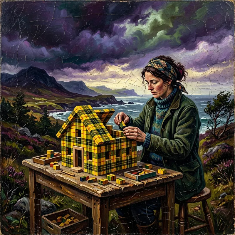 Oil Painting of Woman Building Tartan House Oil Painting of Woman Building Tartan House