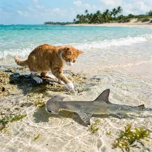 Cat Playfully Engaging with Hammerhead Shark