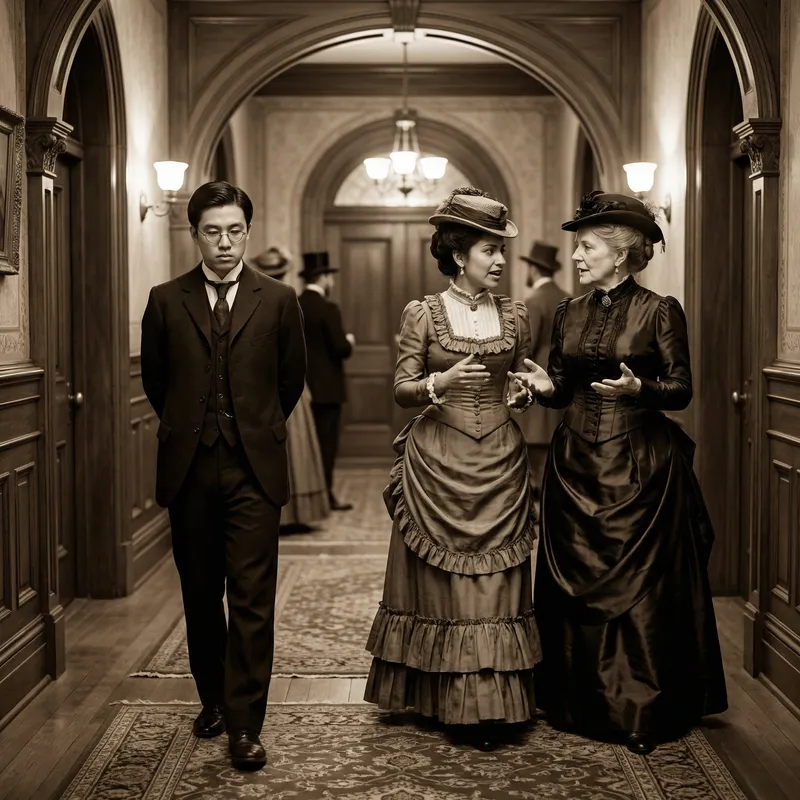 19th Century Scene: Young Man Walking Behind Girlfriend and Mom