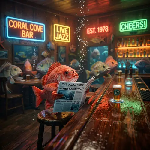 Red Fish Reading Newspaper in a Relaxed Bar Atmosphere