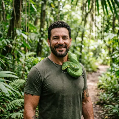 Harmonious Encounters: Fearless Hispanic Man with Green Snake