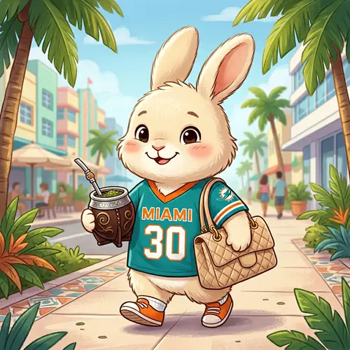 Cute Cartoon Rabbit in Miami Jersey with Mate Tea Cup and Designer Handbag