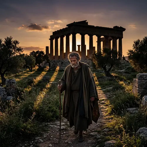 Abandoned Ancient Man Walking Away from Athena's Temple