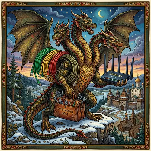 Russian Fairy Tale Three-Headed Dragon with Wi-Fi Router & Internet Connection Tools