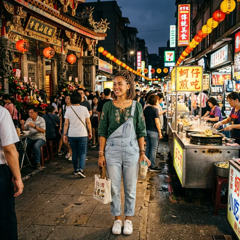 Taiwan Street Scene: Woman with Intricately Braided Hair & Sun-Kissed Skin