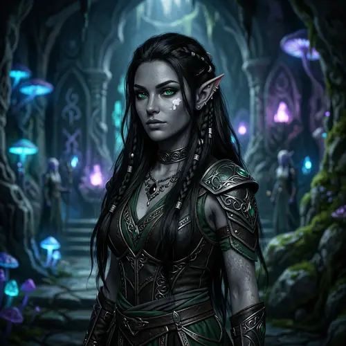 Dark Elf with Long Black Hair, Green Eyes, Grey Skin