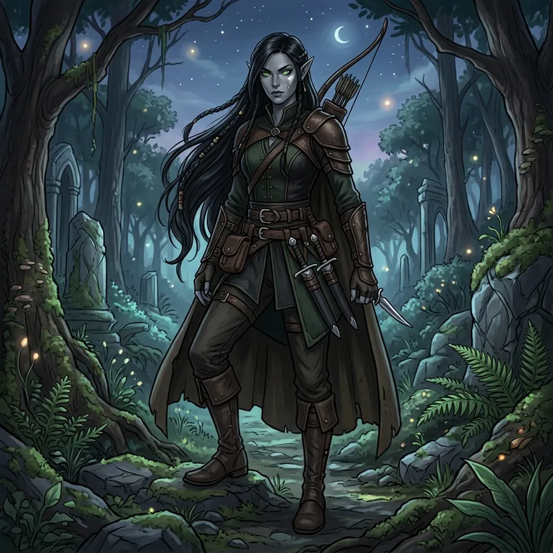 Slender Dark Elf Woman with Black Hair, Green Eyes, and Grey Skin