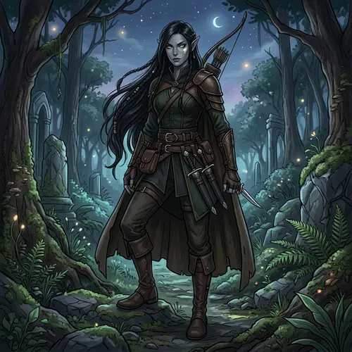 Dark Elf Woman with Long Black Hair and Green Eyes