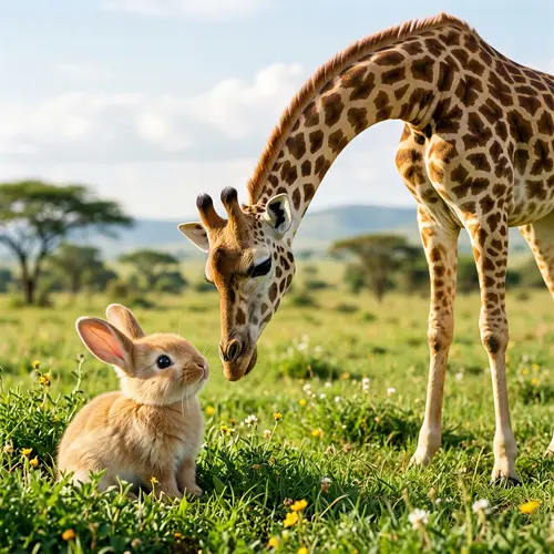 Cute Bunny and Giraffe: Harmonious Coexistence in Nature