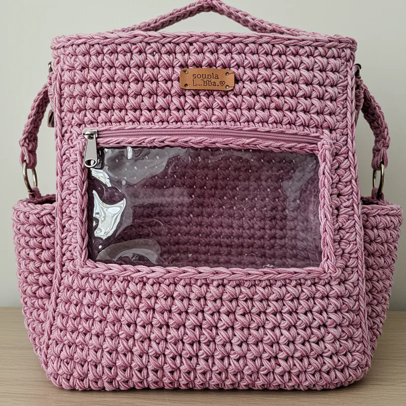Crocheted Diaper Bag with Transparent Plastic