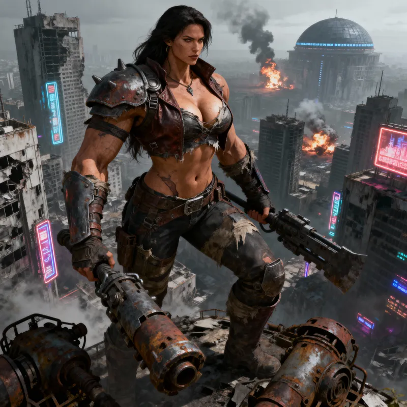 Giant Tall Amazon Woman in Dystopian Setting