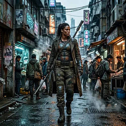 Giant Tall Amazon Woman in Dystopian Setting
