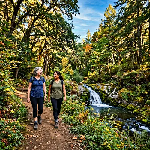 Artistic Image: Two Mature Women in Leggings Wandering in a Lush Forest with Small Waterfall