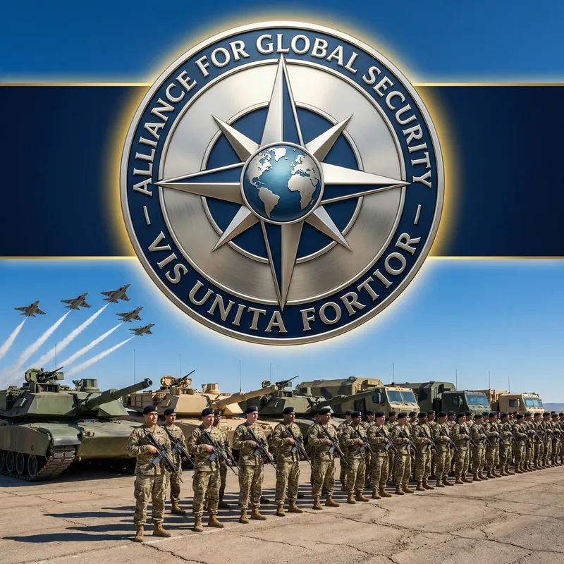 NATO Military Emblem with Soldiers, Vehicles, and Jets NATO Military Emblem with Soldiers, Vehicles, and Jets