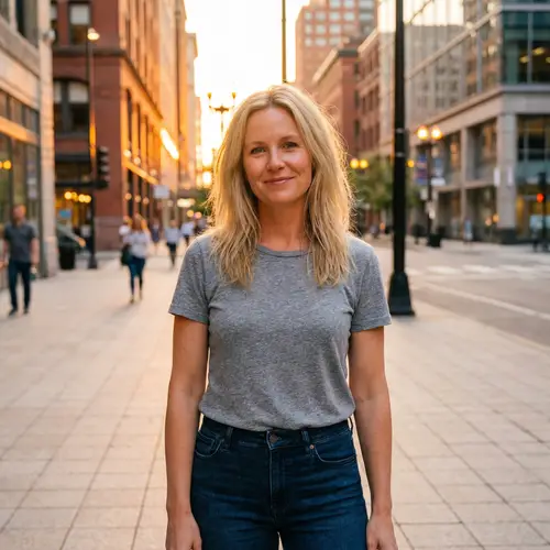 Relaxed Urban Style: Smiling Caucasian Woman in Casual Attire