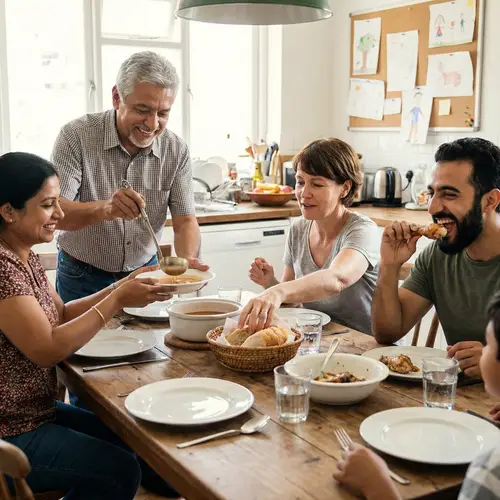 Diverse Family Meal: Hispanic Patriarch Serving Soup to South Asian Wife