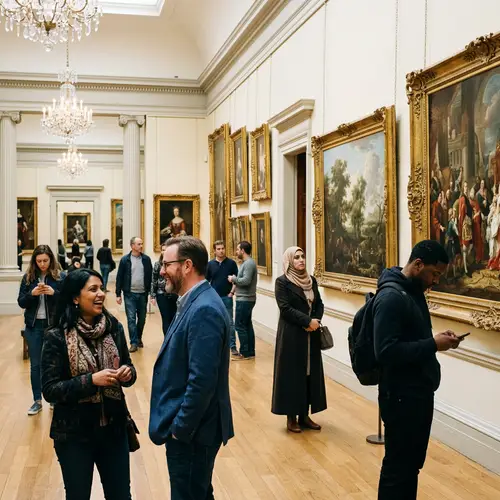 Neglected Art Gallery: Diverse Visitors Ignoring Splendid Artworks