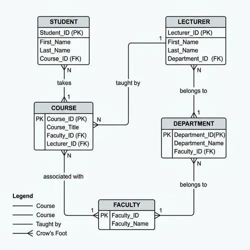 Entity Relationship Diagram: Student, Lecturer, Course, Faculty, Department