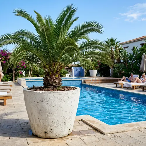 Large White Cement Pot with Palm Tree Near Swimming Pool