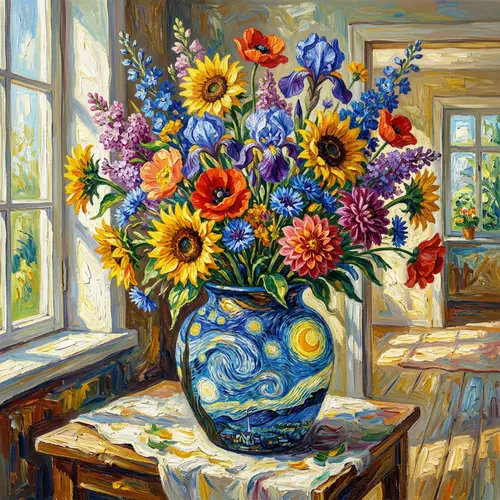 Beautiful Flower Bouquet in Van Gogh Inspired Vase