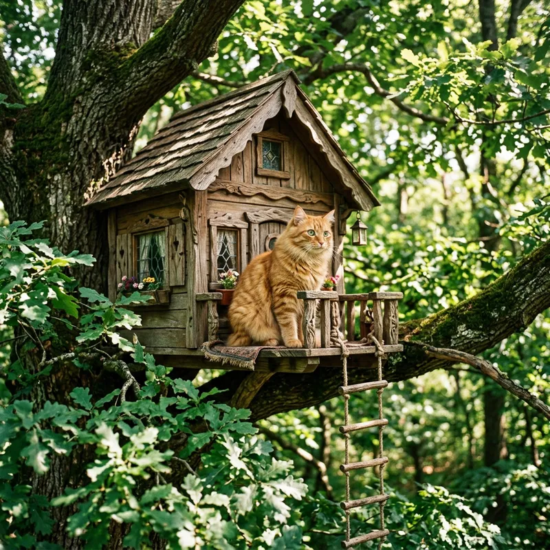 Cat in Enchanting Treehouse - Embracing Nature's Charm