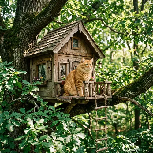 Fluffy Orange Tabby Cat in Enchanting Treehouse