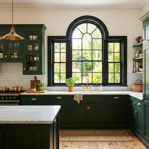 Dark Green Cabinets and White Marble Countertops | Interior Kitchen Design