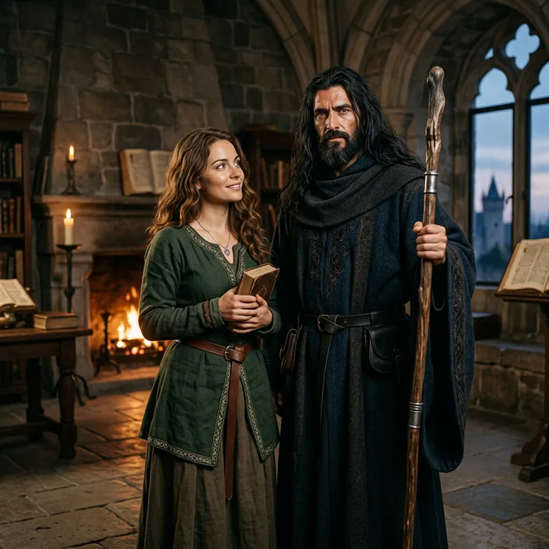 Beautiful Brown-Eyed Woman and Protective Wizard - Magical Encounter Beautiful Brown-Eyed Woman and Protective Wizard - Magical Encounter