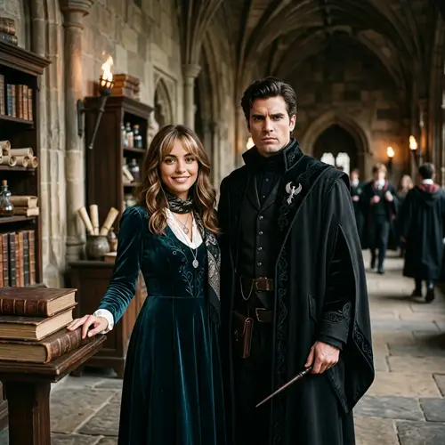 Beautiful Woman and Handsome Man in Wizarding School Setting