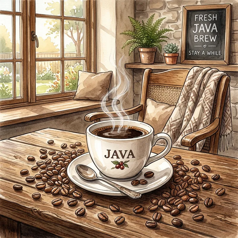 Steaming Cup of Freshly Brewed Java Coffee on Rustic Wooden Table Steaming Cup of Freshly Brewed Java Coffee on Rustic Wooden Table