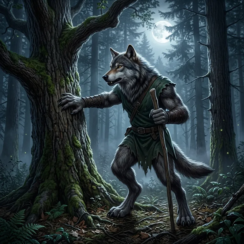 Wolf-Human Hybrid in Moonlit Woods Scene