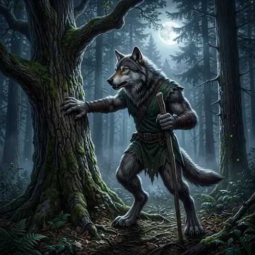 Fantastical Wolf-Human Hybrid in Moonlit Woods Scene