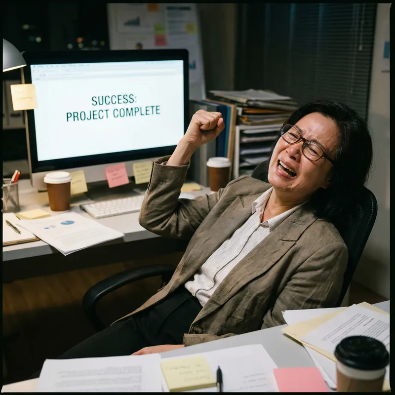 Triumphant Middle-Aged Asian Woman Achieves Long-Awaited Victory