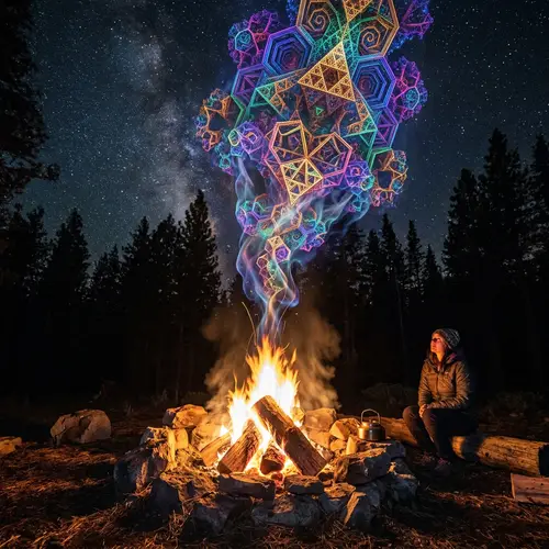 Colorful Geometric Fractal Smoke Art from Campfire | Night Sky