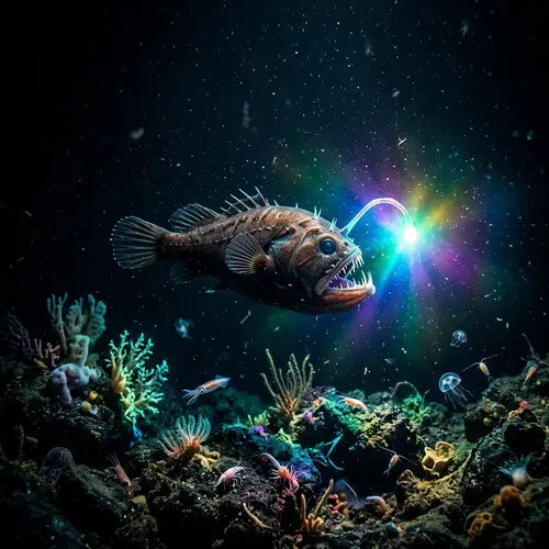 Ethereal Anglerfish Bioluminescence in Dark Abyss