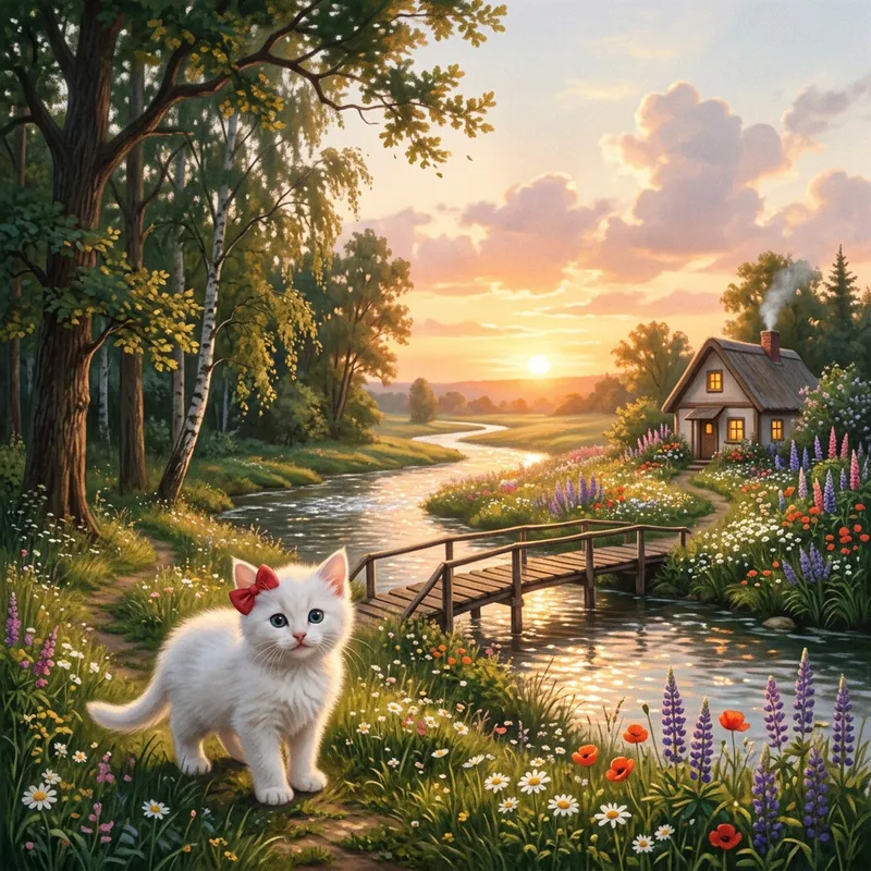 Hello Kitty in Enchanting Landscape with Sparkling River