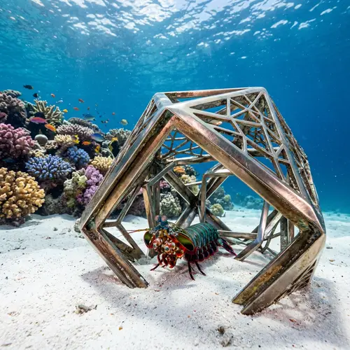 Realistic Mantis Shrimp Swimming Through Metallic Geometric Object
