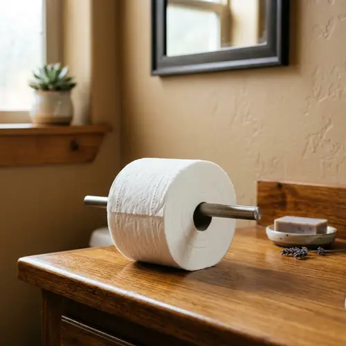 Soft Plush White Toilet Paper Roll on Wooden Surface