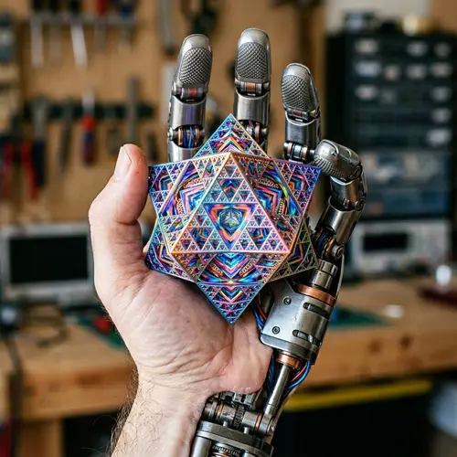 Semi-Robotic Hand Holding Colorful Geometric Fractal Object