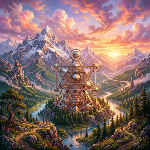 Surreal Mountain Landscape with Metal Sacred Geometry
