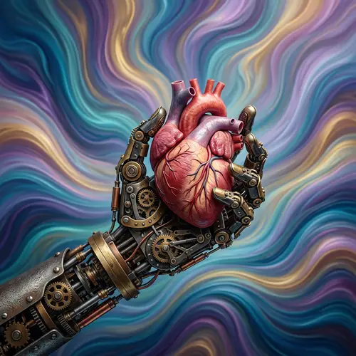 Mechanical Hand Holding Realistic Human Heart | Colorful Waves Background