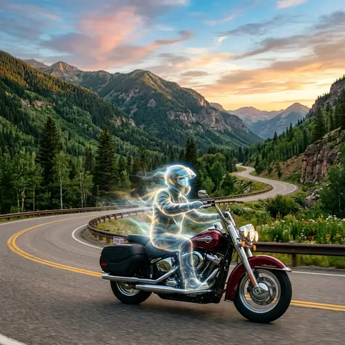 Ethereal Spirit Riding Maroon Harley Davidson On Mountain Road