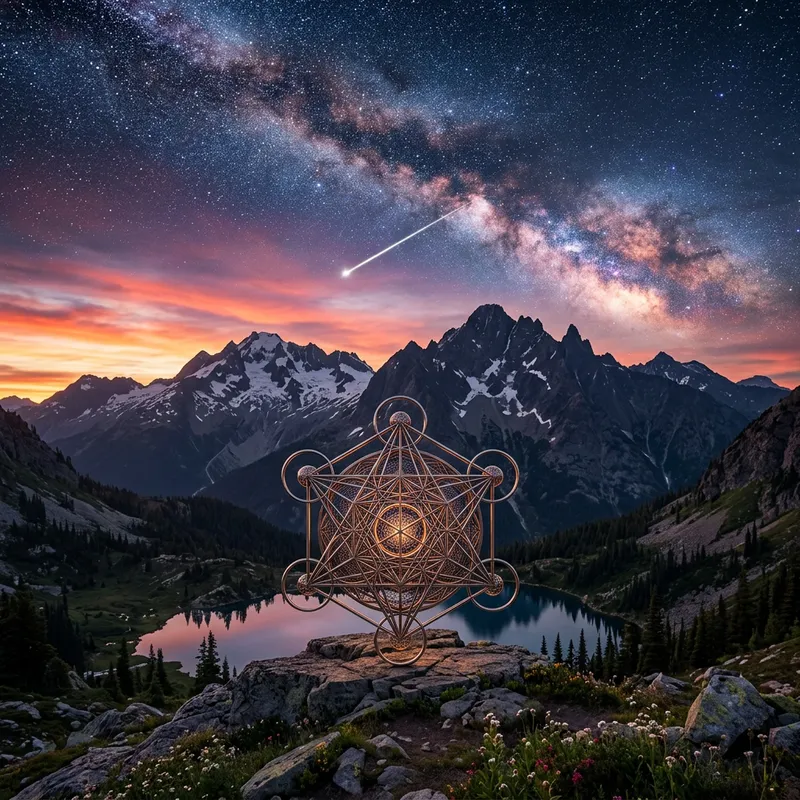 Surreal Mountain Landscape with Sacred Geometry Object | Breathtaking Sunset