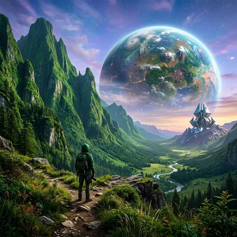Dreamlike Surreal Mountain Landscape with Massive Planet and Metallic Object