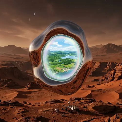 Liquid Metal Object Reflecting Martian Desert: Surreal Beauty