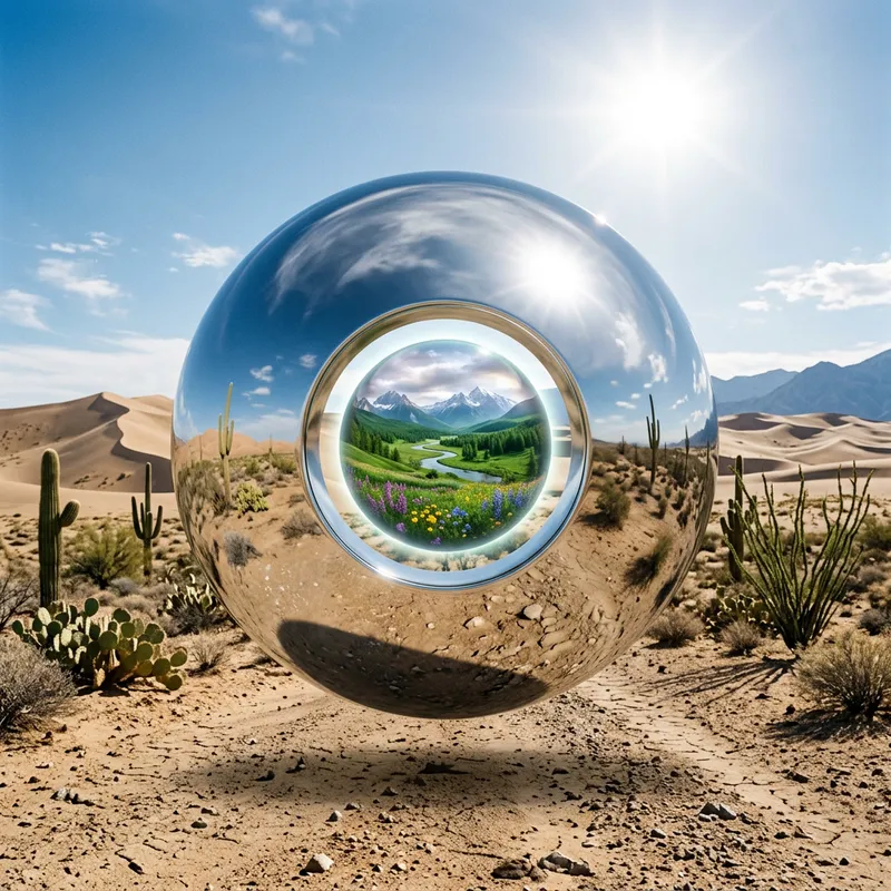Surreal Metal Object Reflecting Desert & Enchanting Landscape