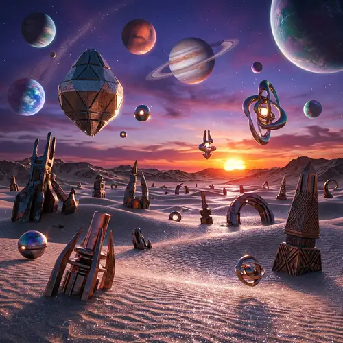 Surreal Desert Landscape with Planets: Otherworldly Scenery